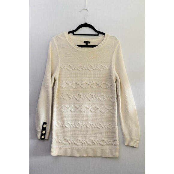 talbots L ivory horizontal cable knit sweater button sleeve detail - Picture 1 of 6